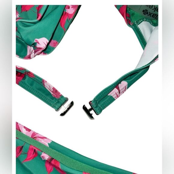 Flax marker Large Green and Pink Floral Bikini two piece tie neck soft padded - Picture 3 of 5